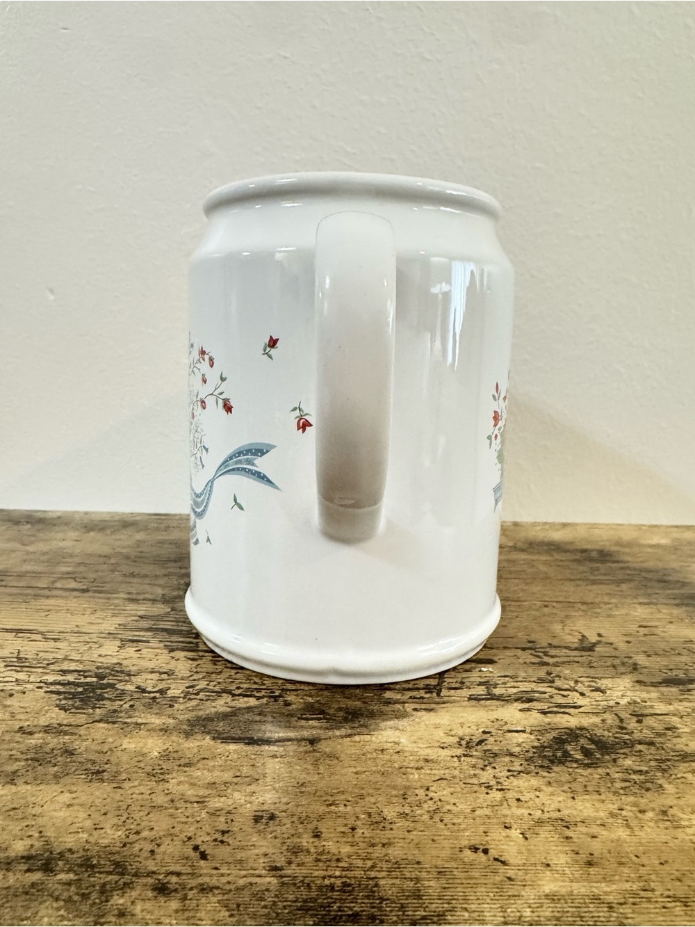 White Ceramic Floral Pitcher | Red Roses Blue Ribbon - Picture 3 of 12